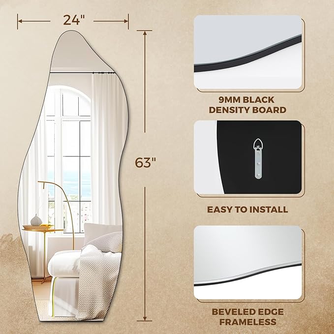 QDSSDECO Full Length Mirror 63"x24" Irregular Wall Mirror Wave Frameless