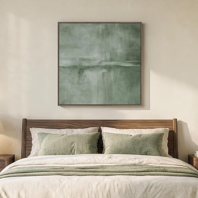 Large Framed Green Abstract Wall Art, Modern Minimalist Sage Green Canvas