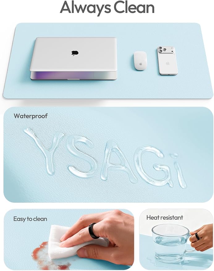 YSAGi Leather Desk Protector, Office Mat, Large Mouse Mat, Non-Slip PU Leather Blotter, Laptop Pad, Waterproof Writing Pad for Office and Home (Baby Blue, 47" x 17")