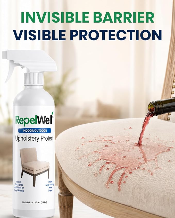 RepelWell Upholstery Protect Stain & Water Repellent Spray (12oz) Eco-Friendly, Pet-Safe Spray Keeps Your Fabric, Leather & Suede Upholstery Looking Like New