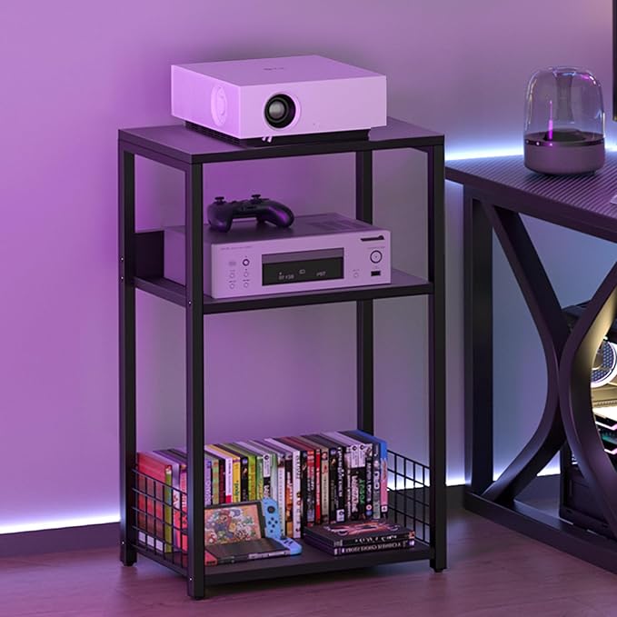 LELELINKY Large Black Record Player Stand, 3 Tier 18" Wide Big End Table with Vinyl Storage Up to 130 Albums, Industrial Turntable Printer Tables, Modern Side Tables for Living Room, Bedroom, Office
