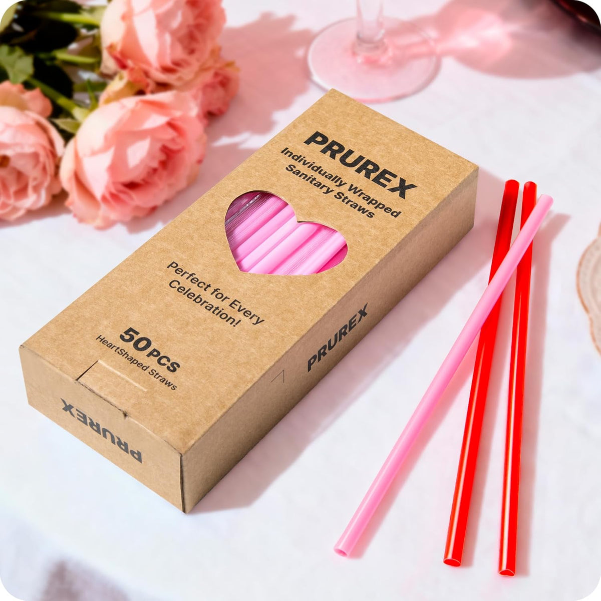 Skiennix Heart Shaped Pink Straws - 50pcs Individually Wrapped Disposable Drinking Straws for Parties & Events