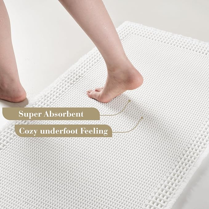 RESARE Waffle Bath Mat for Bathroom, Super Absorbent Bathroom Rugs Non Slip Machine Washable, Ultra Soft Quick Dry Boho Bath Rugs with Tassels for Floor, Upgraded Bordered Design, 24"x36" White