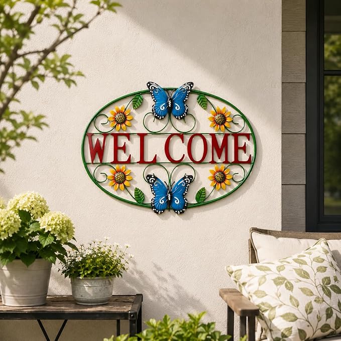 Glitzhome Metal Welcome Sign, Outdoor Metal Welcome Signs for Outside with Vivid Butterfly Wall Decor, Sunflower Garden Art Plaque for Porch Home Decoration