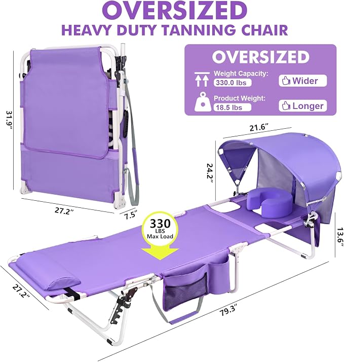 Oversized Extra Wide Tanning Chair with Sun Canopy Face Hole Padded Adjustable Washable, Heavy Duty Layout Folding Lounge Chair for Outside Beach Reading Sunbathing, UPF 50+, XL, Plus Size, 330 LBS