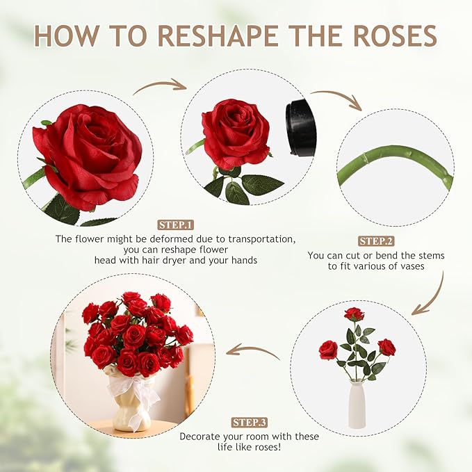 Kisflower 60 Pcs Red Roses Artificial Flowers Bulk, Silk Roses with Stems Real Look Artificial Red Roses for Decoration DIY Wedding Bouquet Bridal Shower Party Home Table Centerpieces Decor (Red)