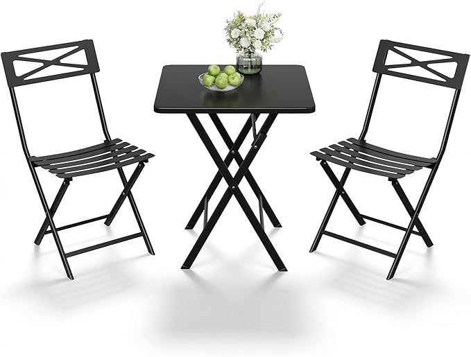 Outdoor Square Bistro Set 3 Piece, Black Iron Tube Patio Furniture Set with Square Table & 2 Chairs, Foldable Steel Backyard Deck Porch Garden , Space Saving Outdoor Dining Set for Small Spaces