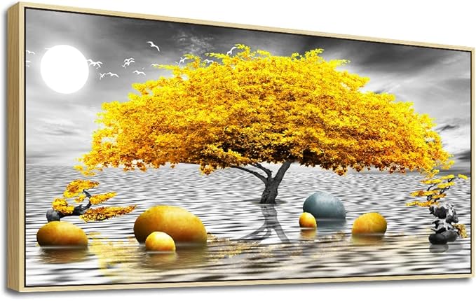 Framed Canvas Wall Art For Living Room Large size Boho Wall Decor For Bedroom Black And White Wall Pictures Yellow Tree wall Painting Office Wall Decor Home Decoration Natural Wood Framed 20" X 40"