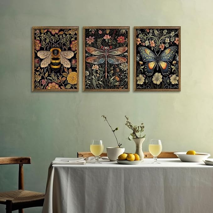 3 Pcs Framed Retro Insect Wall Art Decoration Paintings
