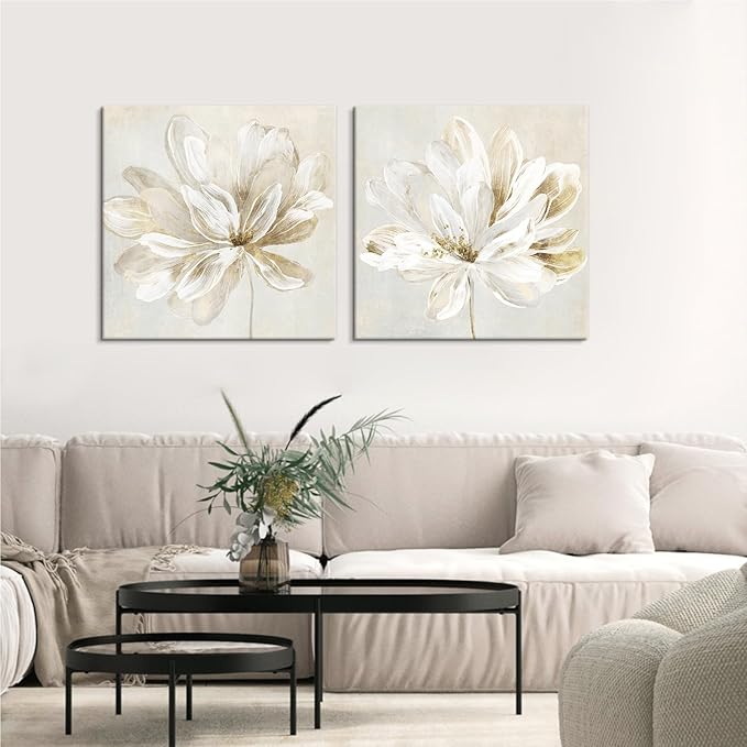 SEVEN WALL ARTS 2 Pcs Beige and Gold Flower Wall Art Blooming Flower Abstract Floral Artwork Canvas Print Poster for Living Room Bedroom Office Wall Decor 24"x24"