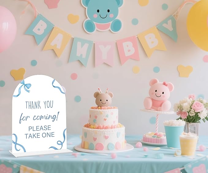 Thank You For Coming Sign - Blue Bow Baby Shower Sign, 1 Pack Arch Acrylic Sign with Stand, Gender Reveal Party Table Decor, Blue Baby Shower Supplies (SP13)