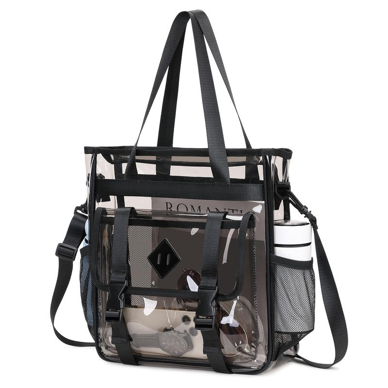 MUSEVOS Clear Tote Bag Clear Bag for Stadium Events, Thickened Water Resistant Heavy Duty PVC, 12x6x12 Stadium Approved for Work, Sports Games,Concert, Semi-Black