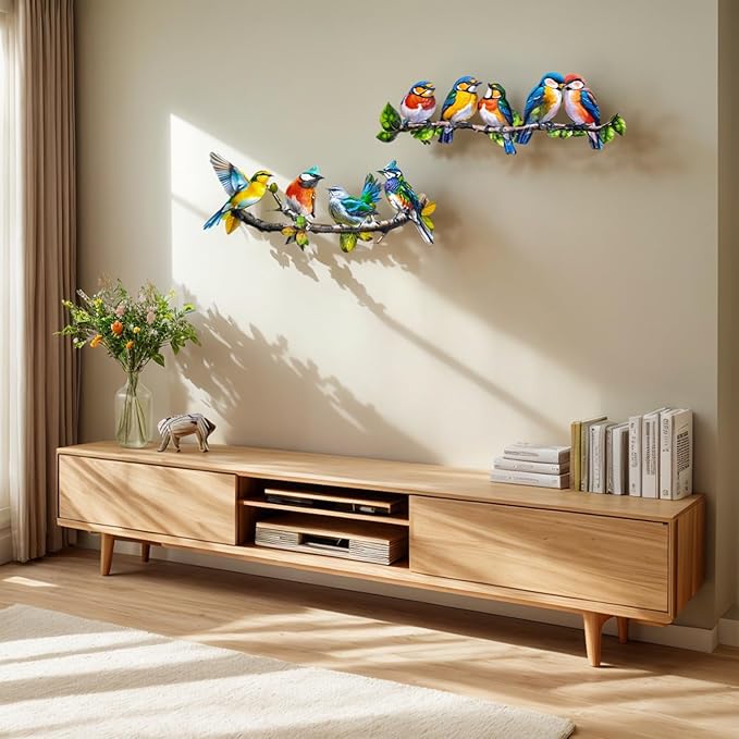 Meduofon Metal Birds Outdoor Wall Art Decor, Vivid Bird on Branch Hanging Leaves Metal Hummingbird Decor Suitable for Porch Fence Garden Outdoor Indoor Wall Decorations (2 Pack Birds Colorful)