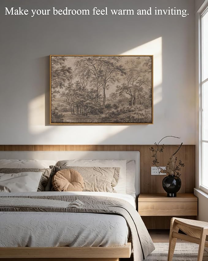 InSimSea Framed Canvas Prints Vintage Decor, Sketch Dark Moody Forest Brown Trees Landscape Paintings Wall Art, Large Countryside Farmhouse Hanging Wall Decor for Living Room Bedroom, 24x36inch