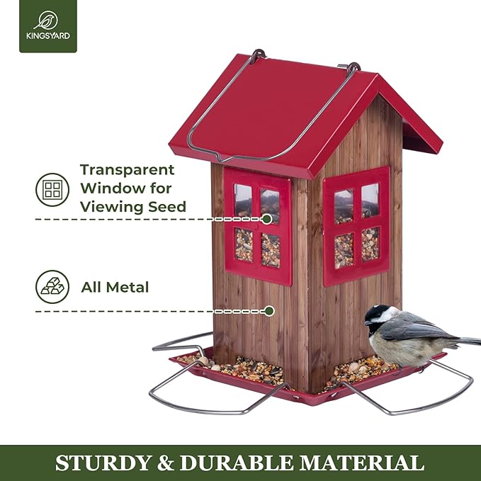 Kingsyard Cute Bird House Feeders for Outside, Hanging Metal Bird Feeder with 4 Ports, Outdoor Garden Yard Decorations for Cardinals Finches Chickadees Goldfinches & Sparrows Birds Watching