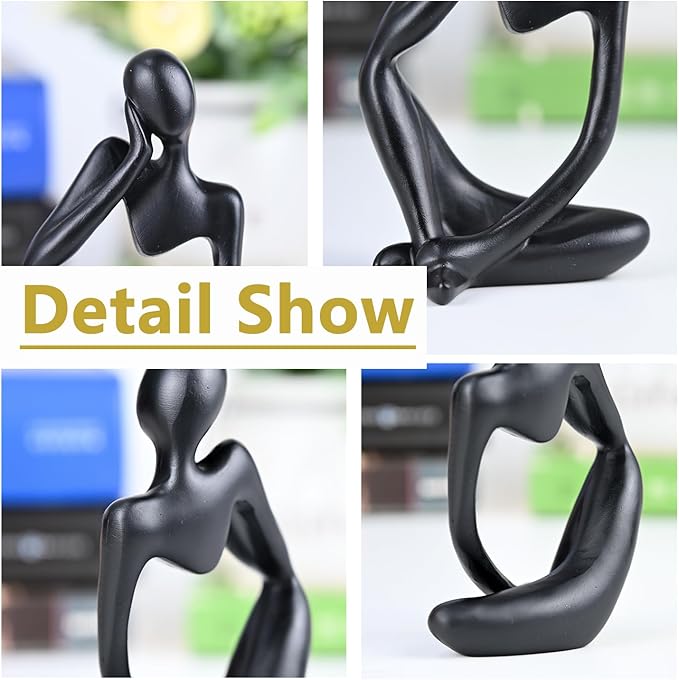 BOPART 3Pcs Thinker Statues Black Decor for Home, Office or Living Room, Resin Black Figurines Sculptures for Floating Shelf, Coffee Table Decoration