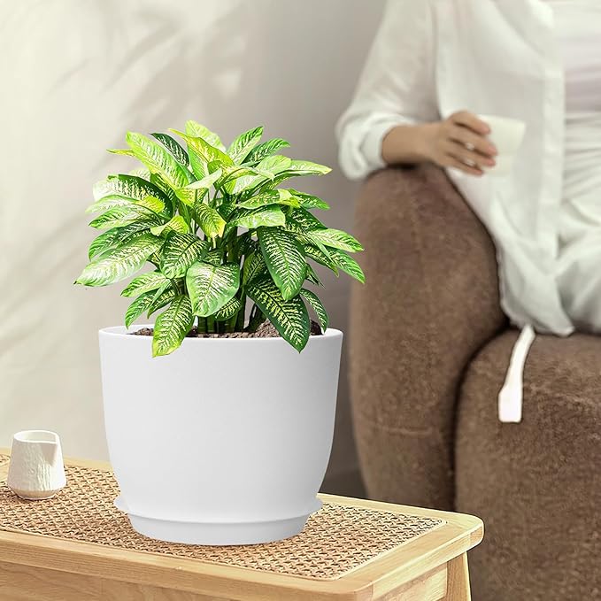 12/10/9 inch Large Plant Pots, 3 Pack Modern Decorative Plastic Planters with Drainage Holes and Saucers, Flower Pots for Indoor Outdoor Plants, White