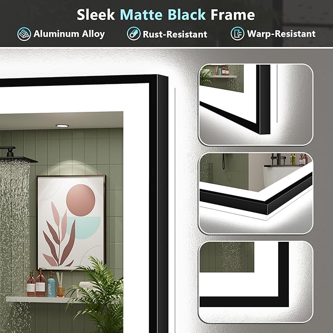 44x36 Black Framed LED Bathroom Mirror