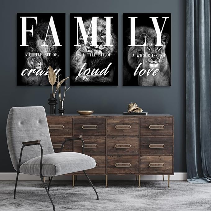GUBIYU Black Gray Animal Wall Art Set of 3 Lion Prints