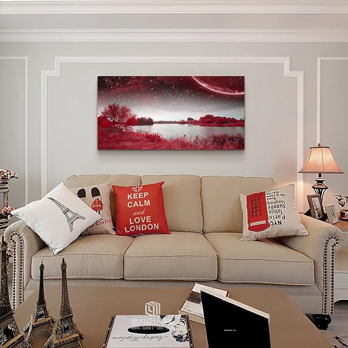 wall art for living room Red Lakes and trees under the starry sky red landscape painting office Wall Art Decor 20" x 40" single Pieces Canvas Prints Ready to Hang for Home Decoration Works For bedroom