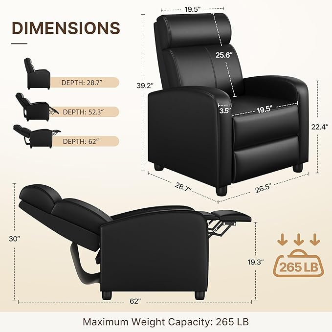 Yaheetech Living Room Chair for Adults, Adjustable Faux Leather Club Recliner Chair with Pocket Spring, Soft Foam Backrest Seat for Home/Theater/RV/Other Small Spaces, Dark Black