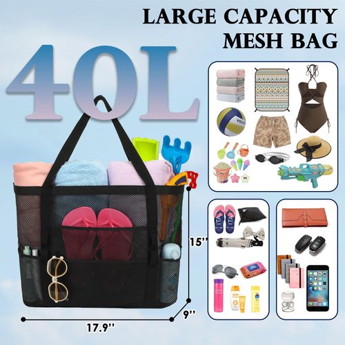 Fammart Mesh Beach Bag - Large Beach Tote with Zipper Pocket for Family Travel & Vacation Essentials