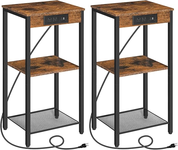 HOOBRO Tall End Tables with Charging Station, Set of 2, 30 Inch Tall Nightstands, 3-Tier Side Tables with Adjustable Storage Shelves, for Living Room, Bedroom, Hallway, Rustic Brown BF09UDHP201G1