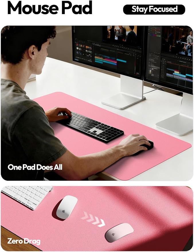 YSAGi Leather Desk Pad Protector, Large Mouse Pad, Non-Slip PU Leather Desk Blotter, Laptop Desk Pad/Mat, Waterproof Writing Pad for Office and Home (23.6" x 13.8", Pink)