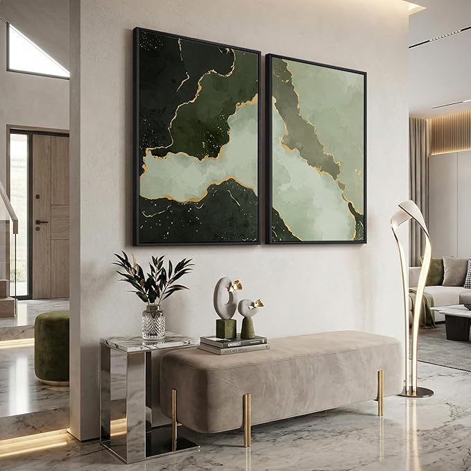 Large Framed Green Abstract Wall Art Set of 2, Modern Canvas Prints Paintings
