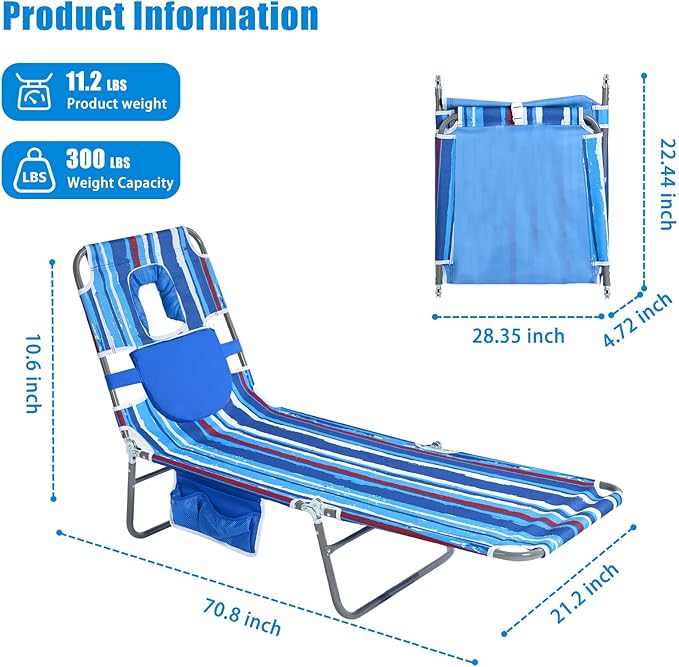 SUNNYFEEL Beach Lounge Chair, Reclining Beach Chairs Lay Flat, Sun Face Down Tanning Chair, Folding Camping Chairs Portable Camp Cot with Straps for Outdoor/Picnic/Lawn