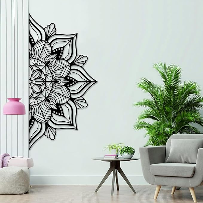 Resama Large Metal Mandala Wall Decor, Unique Lotus Flower Wall Art, Suitable for Office and Home Indoor and Outdoor Decoration (Black, 45''x22.6'' / 114x57.5cm)