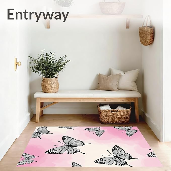 Flatwoven High Traffic Area Rug 2x3, Enchanted Wings Restroom Accessories, Non Slip, Stain Resistant, Washable Area Rugs for Living Room, Bedroom (Pink, 2x3)