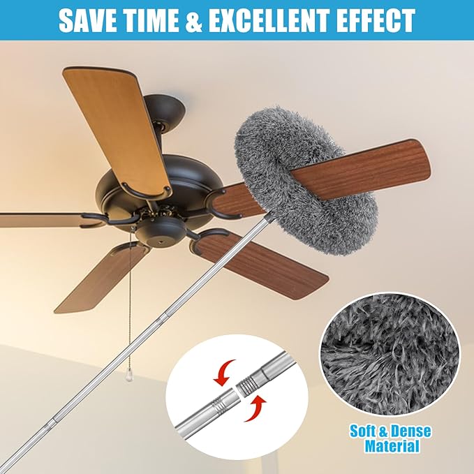 Microfiber Duster Kit 36pcs with 30 to 100 in Extension Pole and Ceiling Fan Cleaner Duster, Washable and Bendable Feather Duster for Cleaning Ceiling Fans, High Ceilings, Blinds, Grey