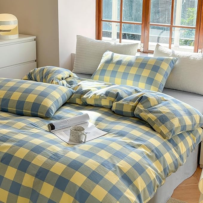 FACE TWO FACE Bedding Duvet Cover Set100% Washed Cotton Duvet Cover Linen Like Textured Breathable Durable Soft Comfy (California King, Blue Yellow Grid)