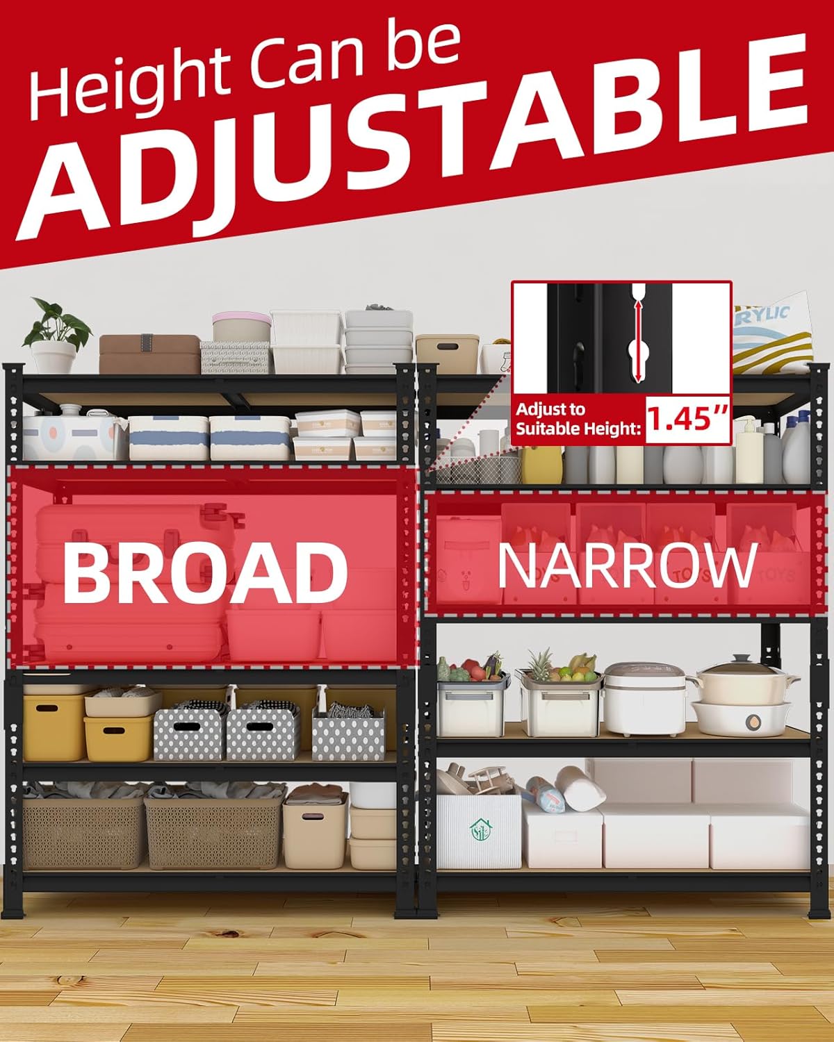 PrimeZone 35.5" x 12" x 72" Heavy Duty Storage Shelves - 5 Tier Adjustable Garage Storage Shelving, Metal Storage Utility Rack Shelf Unit for Warehouse Pantry Closet Kitchen, Black, 2 Pack