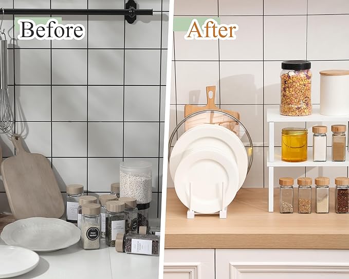 Marsui 4 Pcs Kitchen Organizer Accessories Set Cabinet Organizer Shelf and Bamboo Dish Drying Plate Rack Counter Shelves Storage Holder for Spice Rack, Dish, Pot Lid, Bowl, Cup (White)