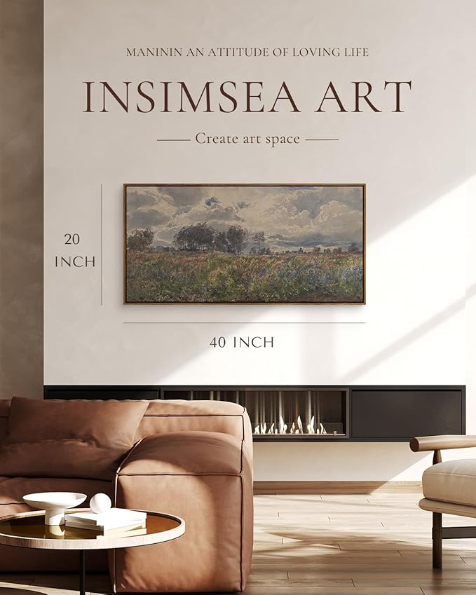 InSimSea Extra Large Framed Vintage Wall Art, Living Room Farmhouse Decor, Watercolor Flower Sky Field Landscape Paintings Canvas Prints, Scenery Long Picture for Bedroom Above of Bed,20x40inch
