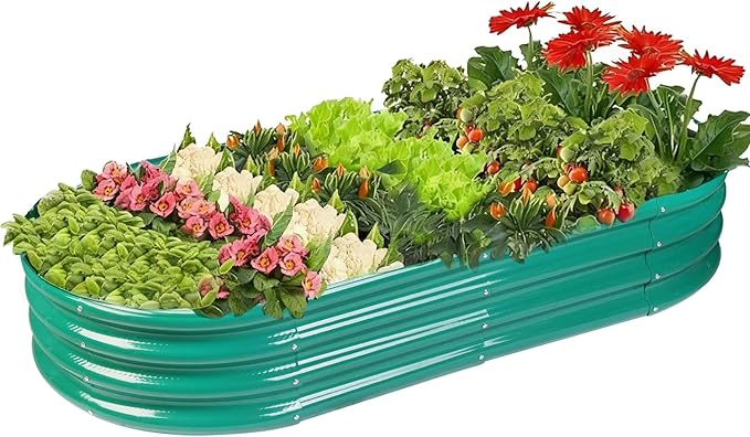 Rakukiri Raised Garden Bed GRS Certified Galvanized Planter Box Outdoor, 5ft Oval Rot-Resistant Metal Garden Bed Planter, Recycled Material Planter for Vegetables Flowers Herbs (Green)