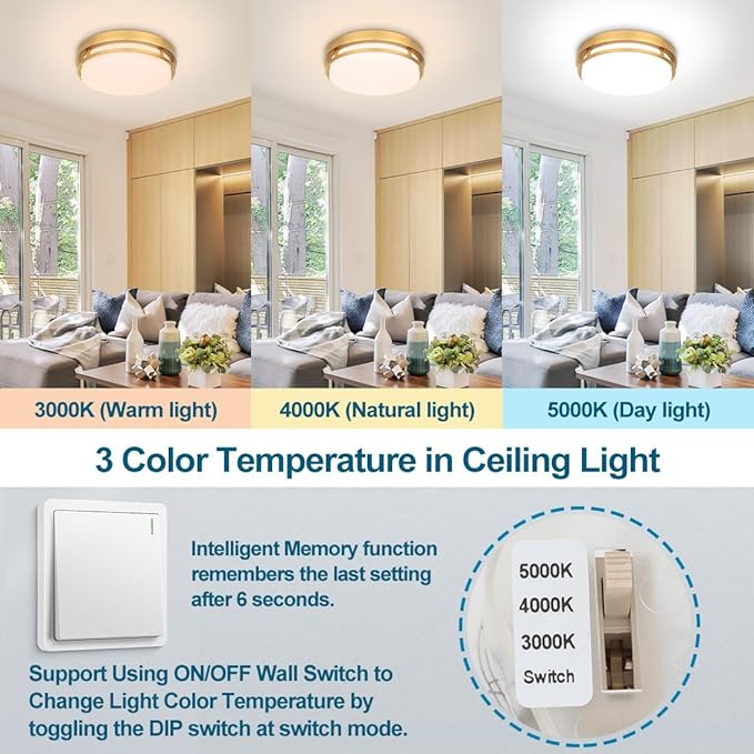 2Pack LED Flush Mount Ceiling Light Fixture 13" 20W, 3000/4000/5000K Color Selectable, Dimmable Ceiling Lamp for Kitchen, Hallway, Stairwell, Gold, ETL
