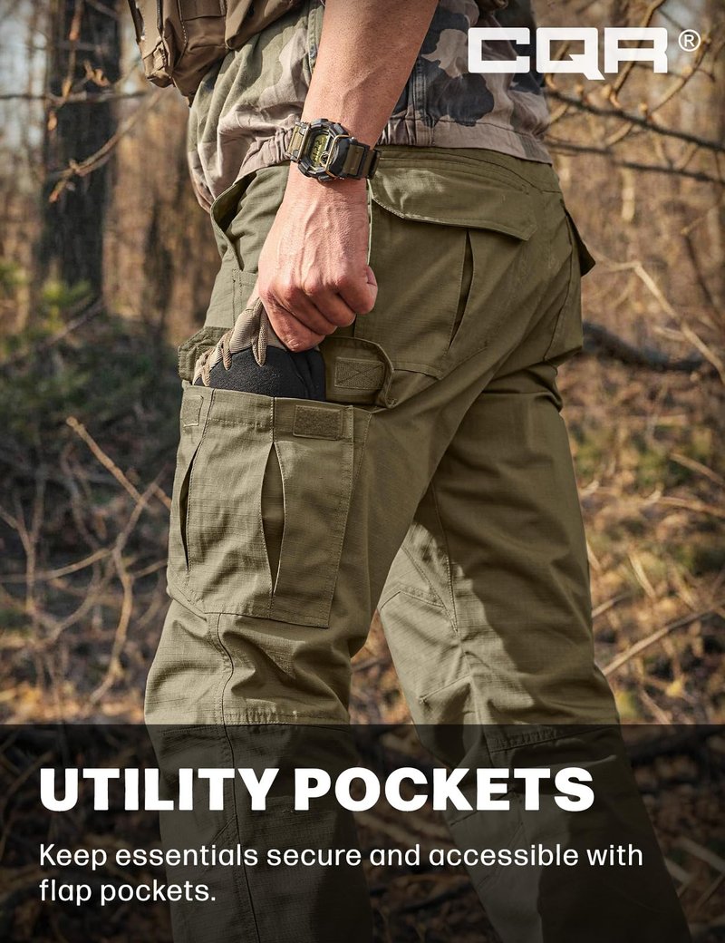 CQR Men's Tactical Pants, Water Resistant Ripstop Cargo Pants, Lightweight EDC Work Hiking Pants, Outdoor Apparel, Raider Soil Green, 32W x 30L