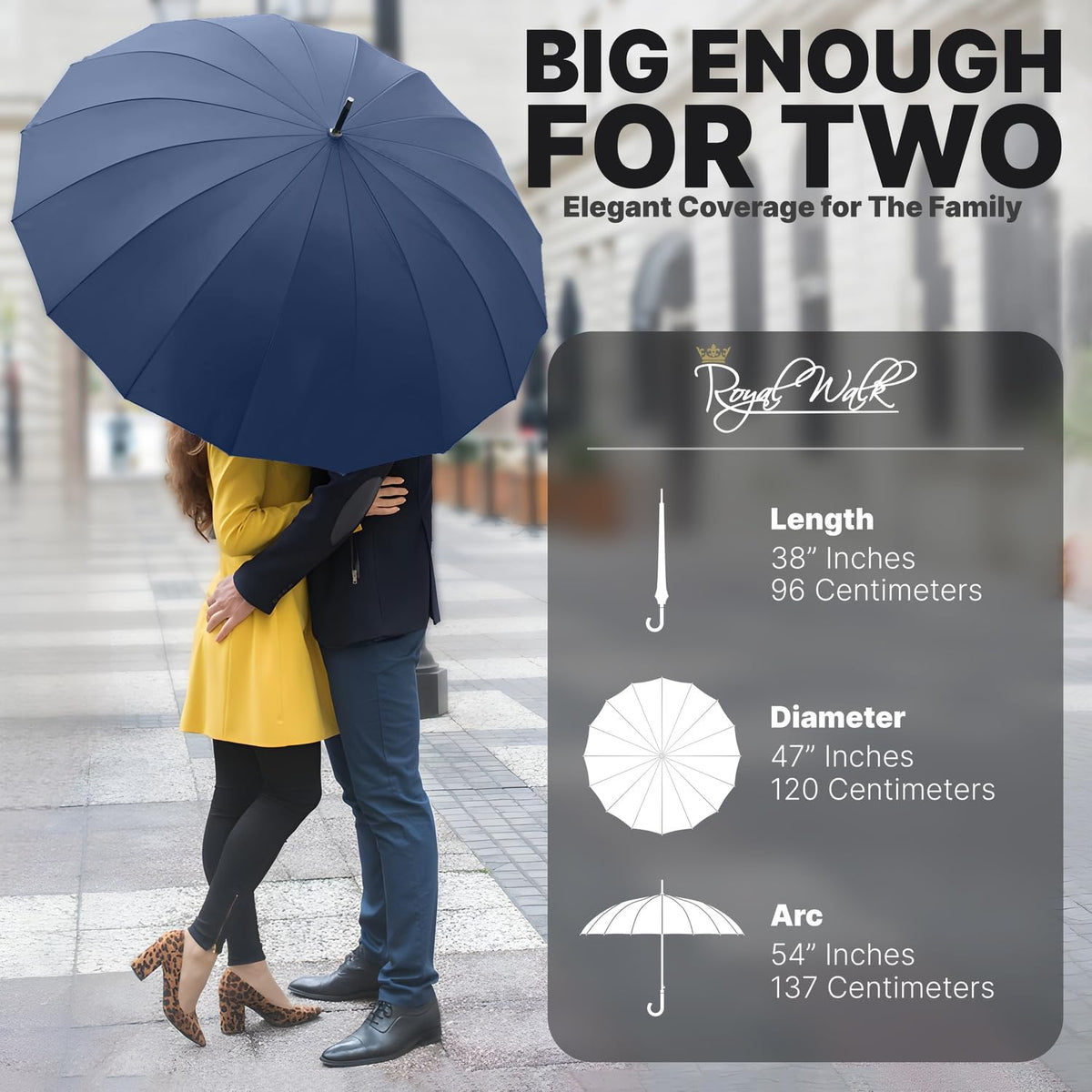 Royal Walk Large Windproof Umbrella for 2 - Navy Blue, 54 Inch, Auto Open, Wooden Handle, 16 Ribs