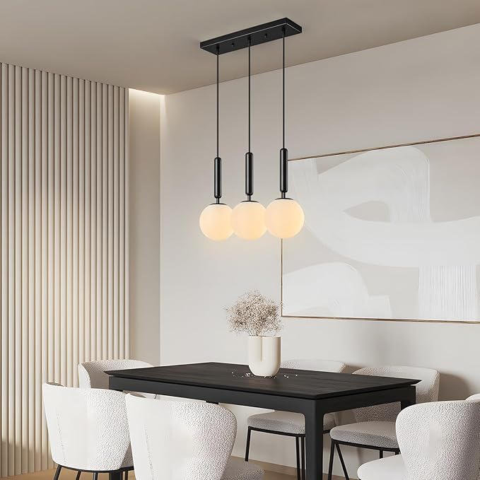 Modern Black Pendant Lights Kitchen Island Mid Century with Globe Pendant Light Milk White Glass Pendant Lighting for Living Room Bedroom Entryway (3 Lights)