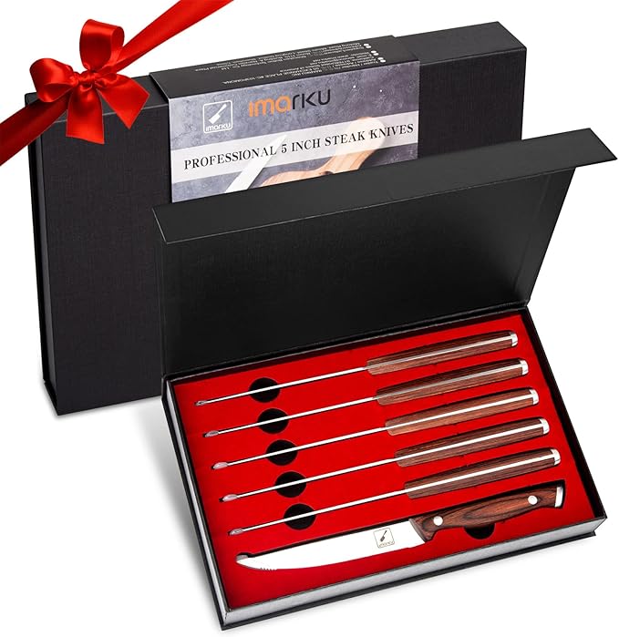 imarku Steak Knives, Serrated Steak knives Set of 6, Japanese HC Steel Knife Set, Premium Serrated Carbon Stainless Steel Steak Knife with Gift Box,9 Inches/Piece, Silver