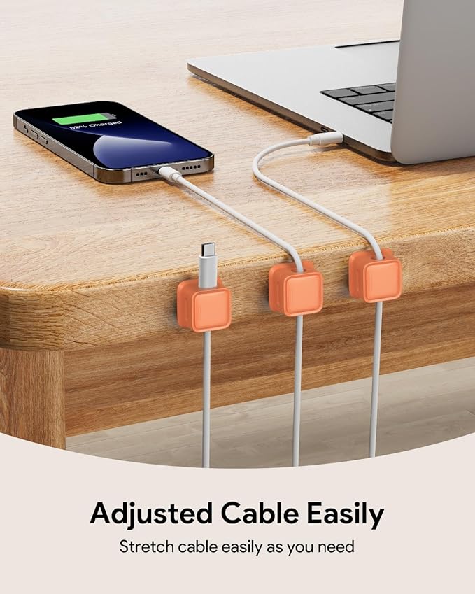 8 Pack Magnetic Cord Organizer, Easy Secure Adhesive Cable Management, Wire Holder Keeper, Hide Or Organize Phone USB Charger Cable, Orange