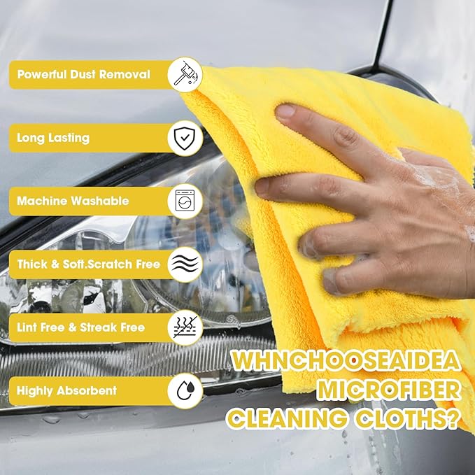 Shimeyao 30 Pcs 16 x 16 Inch Edgeless Microfiber Plush Towels for Cars Detailing Drying Wash Polishing Absorbent Cleaning Cloths, 500 GSM(Yellow)