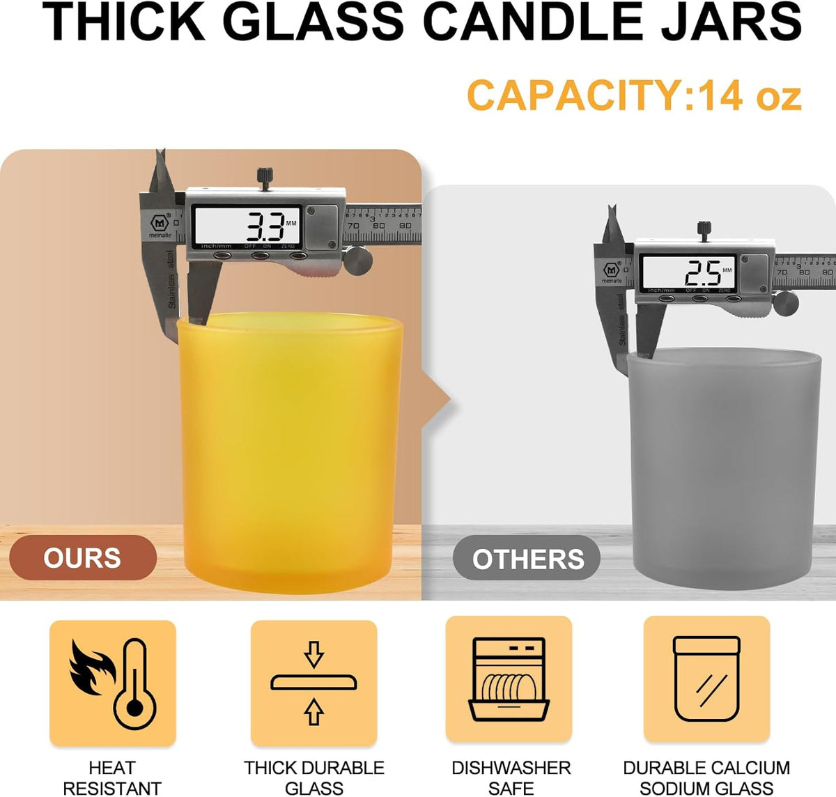 14 OZ Thick Candle Jars for Making Candles 12 Pcs, 3 Wick Empty Jars with Wood Lids for Candle Making, Sample Container, Frosted Yellow