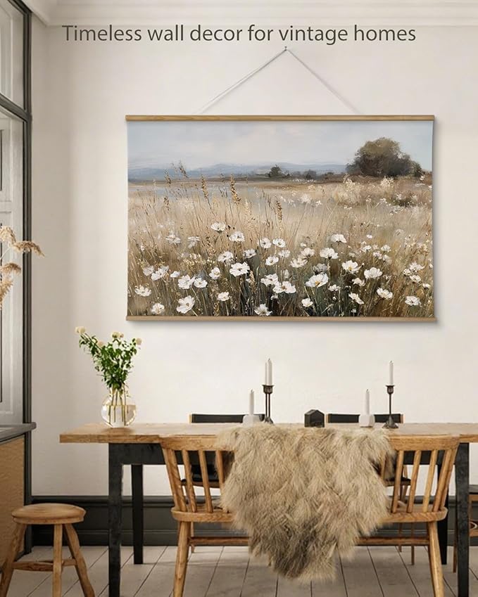 ARPEOTCY Extra Large Vintage Framed Wall Art, 36x54 Inch Wildflower Field Floral Landscape Hanging Canvas Prints Scroll Wall Art Decor for Living Room Bedroom, Retro Scenery Pictures Above of Bed