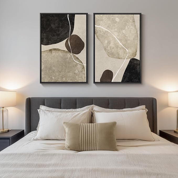 Large Framed Neutral Abstract Wall Art Set of 2, Modern Black Beige Brown
