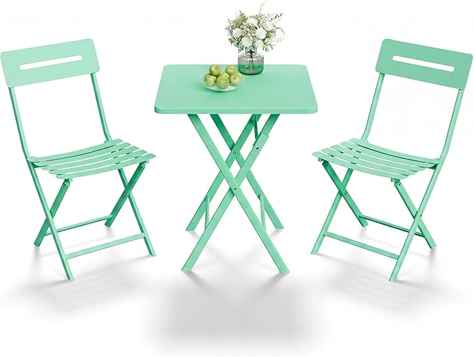 GarveeTech 3-Piece Folding Bistro Set, Heavy Duty Outdoor Patio Furniture with 2 Chairs & 1 Table, Weather-Resistant Steel Frame, No Assembly Required for Garden, Yard, Balcony,Green