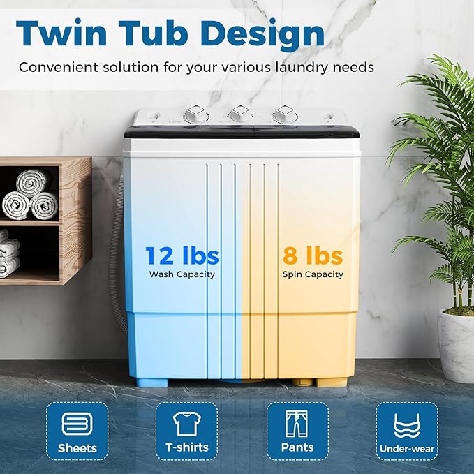 COSTWAY Portable Washing Machine, Twin Tub 20Lbs Capacity, Compact Laundry Washer(12Lbs) and Spinner(8Lbs), Durable Design for Apartment Dorm RV, Black+White